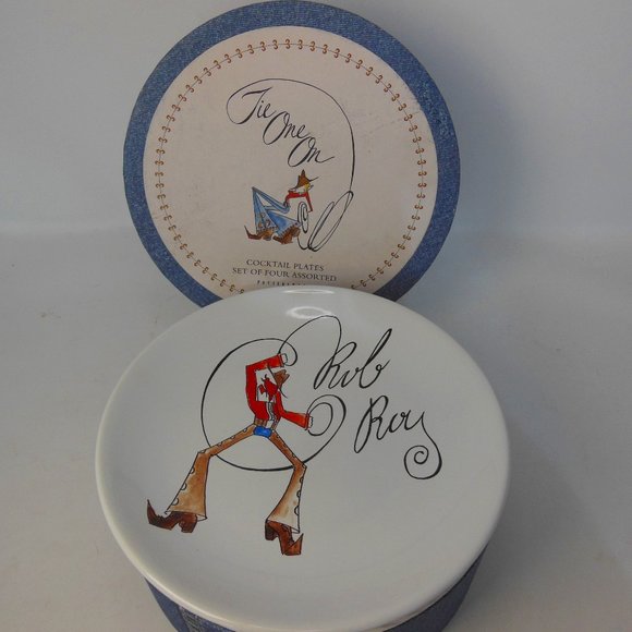 Pottery Barn Cocktail Plates  2 boxed sets= 8,  TIE ONE ON cowboy recipe plates - Picture 2 of 11